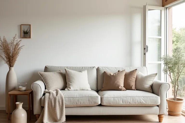 A finished farmhouse-style corner with neutral decor, a ceramic vase set, and soft natural textures.