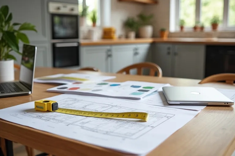 A kitchen table with renovation planning notes, tape measure, budget sheets, and material samples in a bright lived-in home.
