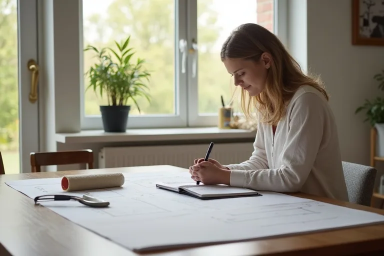 A homeowner planning remodel priorities at a dining table with notes, measurements, and a paint roller kit in a calm, bright room.