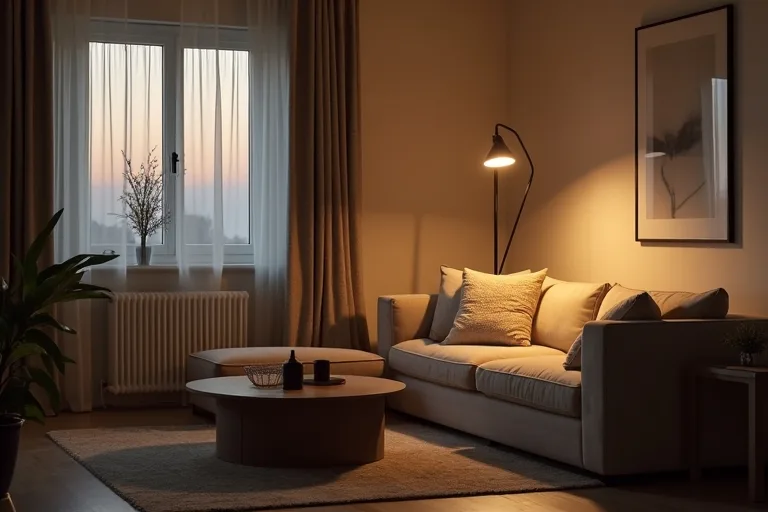 A softly lit living room showing a practical mix of floor and table lamps