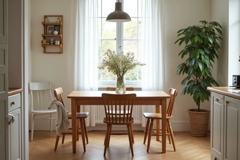 A more refined dining chair arrangement with softer textures and a cleaner, custom-looking finish