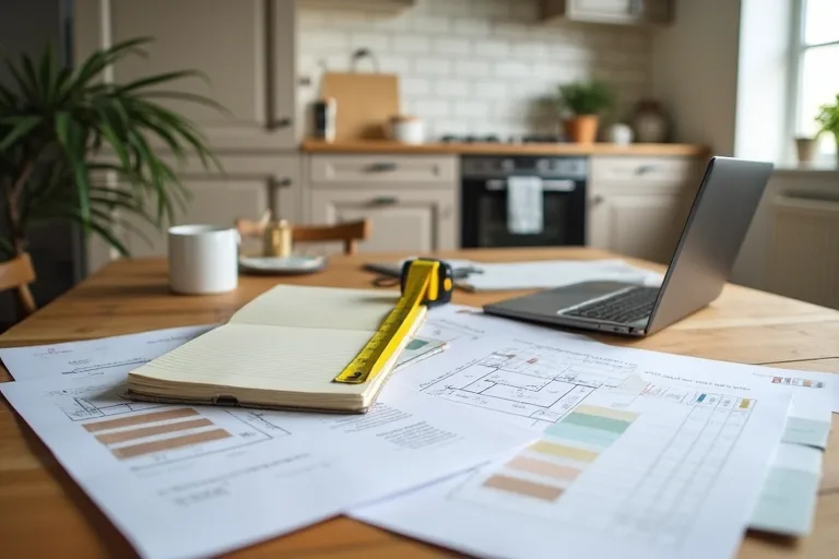 Printed floor plan, notebook, and renovation notes laid out on a table during early scope planning.