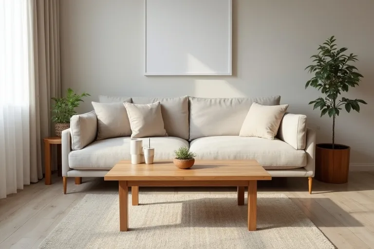 A calm living room with a wood coffee table in front of a neutral sofa
