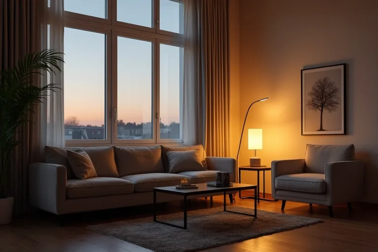A calm living room showing how lighting works around the sofa and seating area