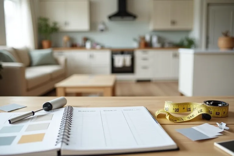 A bright, lived-in home renovation planning scene with paint samples, a roller kit, measuring tape, and a budget planner on the table.