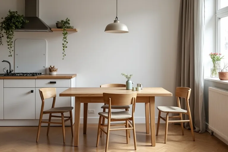 Budget-friendly dining chairs styled simply around a wooden table in a lived-in dining area