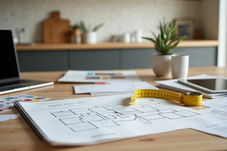 A bright kitchen planning scene with material samples and a subtle peel-and-stick backsplash sample near a notebook.
