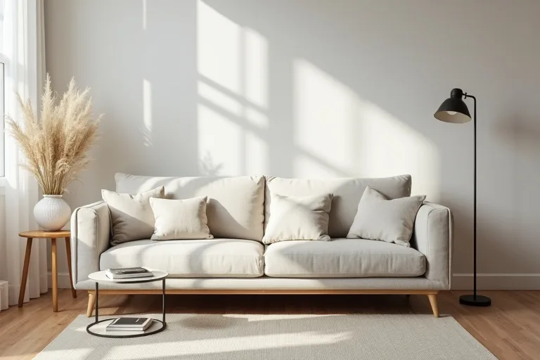 A neutral sofa being adjusted in a practical living room layout with natural daylight