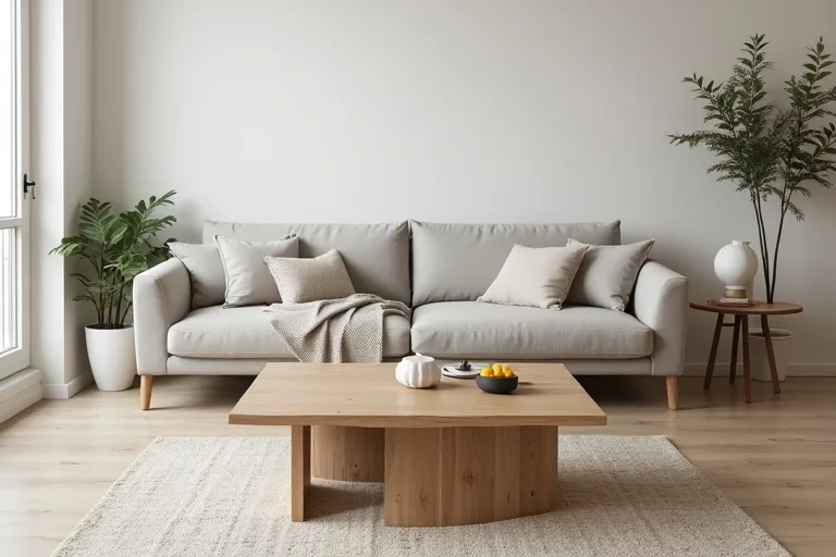A calm living room styled simply around a wood coffee table and neutral sofa