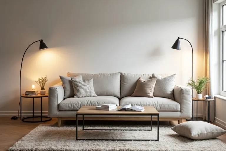 A calm living room with layered lighting, including a floor lamp and table lamps beside a sofa