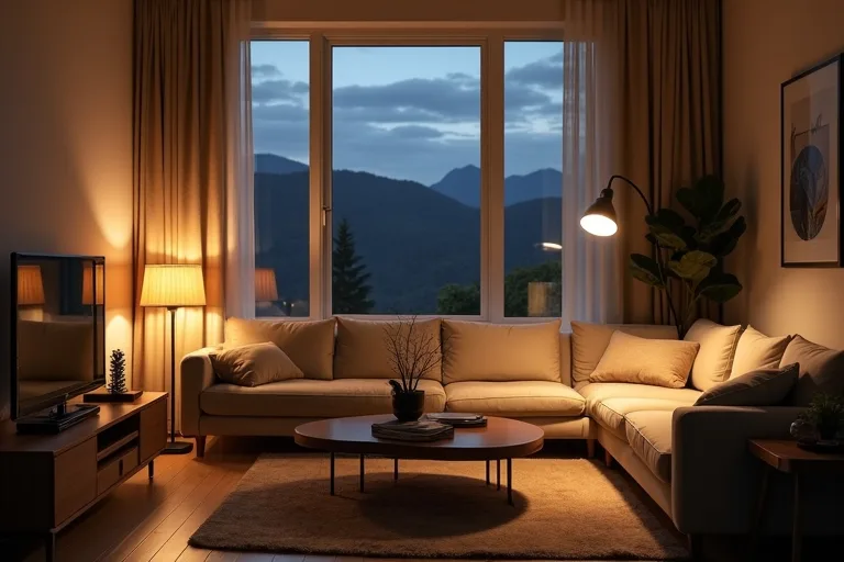 Living room seating with layered lamp light planned around evening use
