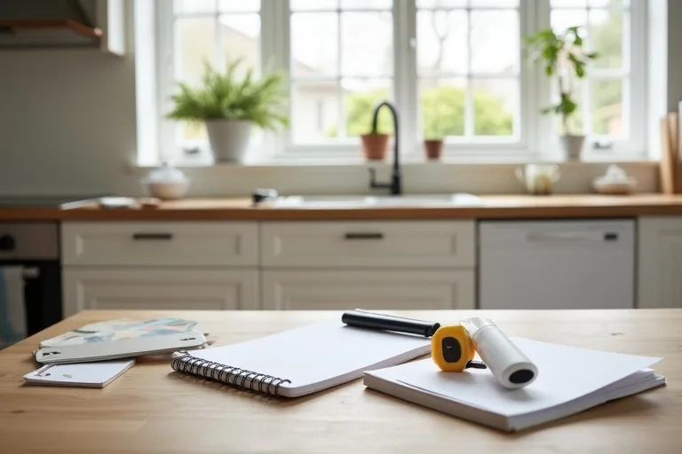 A practical home renovation planning table with a notebook, paint samples, and materials grouped for deciding priorities.