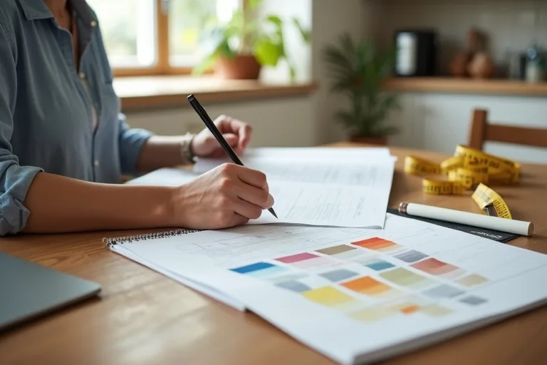 Bright lived-in bedroom or living space with planning notes and sample materials used to review renovation priorities