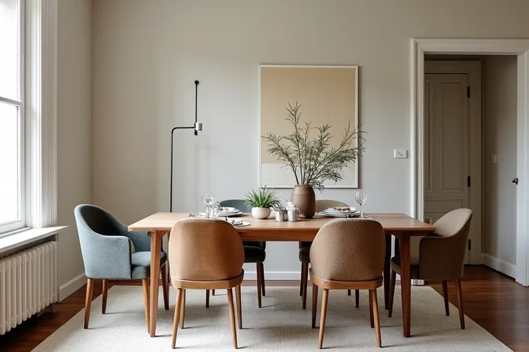 A bright, realistic dining room with upholstered dining chairs around a wooden table and clear walking space