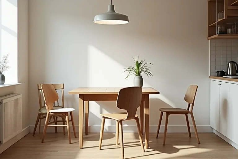 A calm dining corner showing a compact table and chair proportions in a practical home setting