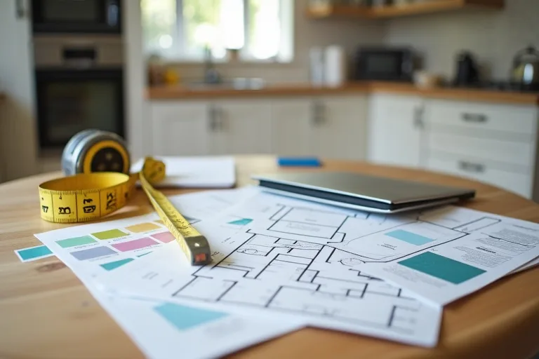 A measured living space with a tape measure and planning notes showing room order and fixture clearances.