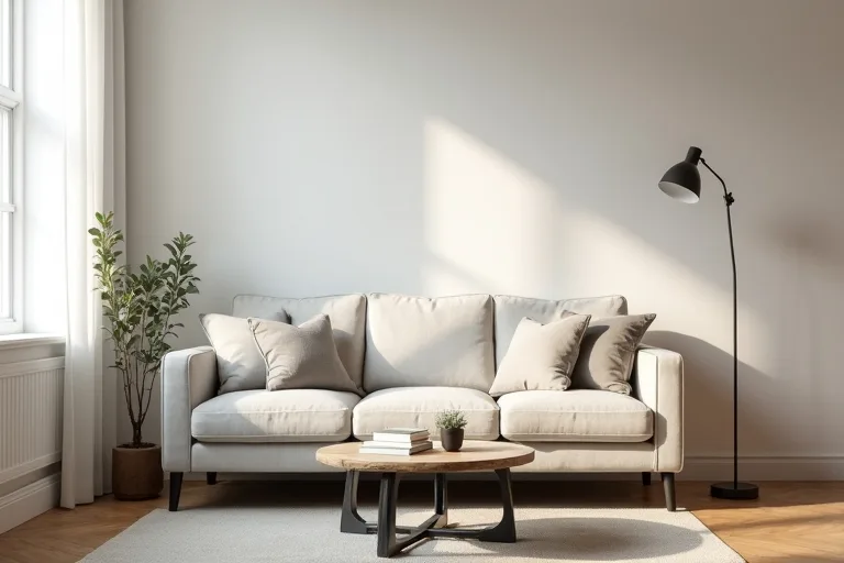 A calm furniture layout with a sofa, lamp, and coffee table arranged to support room flow