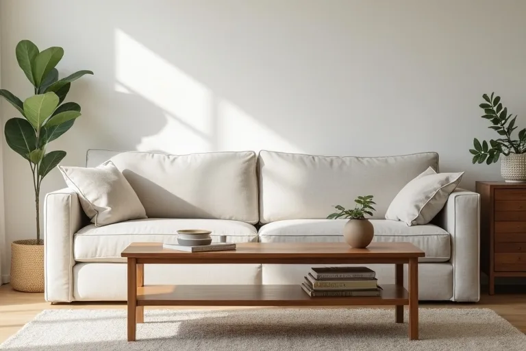A simple wood coffee table placed with balanced spacing in a calm living room