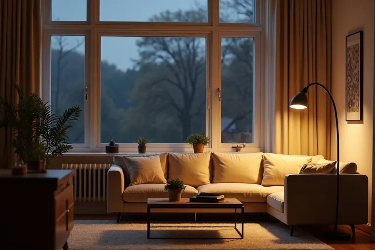 A lived-in living room with layered lighting from a floor lamp and table lamp