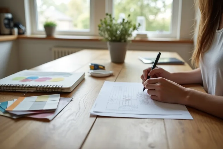 Homeowner reviewing a room-by-room remodel checklist with budget notes, paint swatches, and a measuring tape in a bright lived-in room