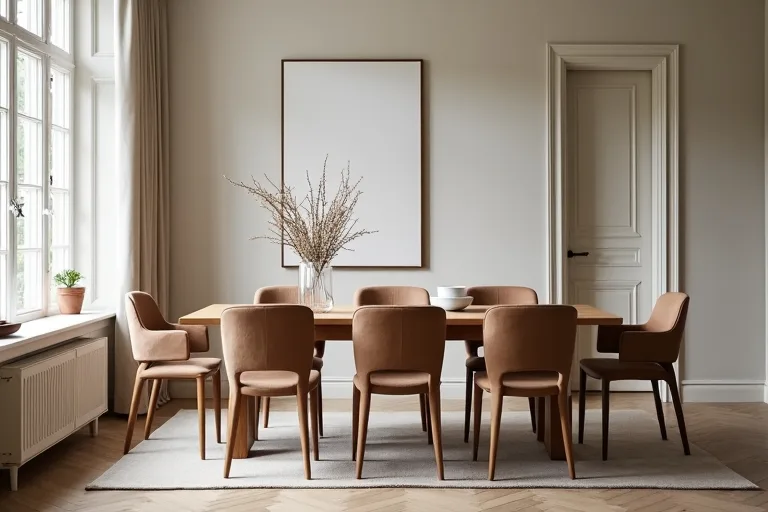Dining chairs spaced around a table with enough clearance for comfortable movement