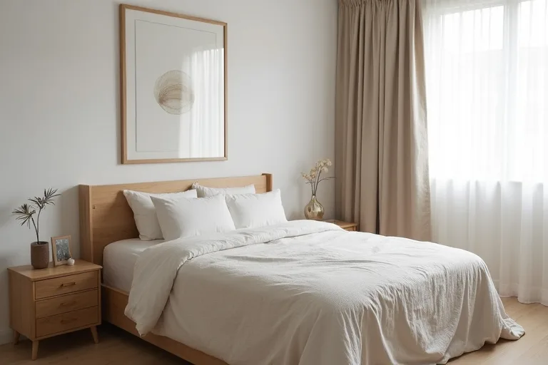 A calm minimalist bedroom with neutral bedding, linen curtains, and framed abstract wall art