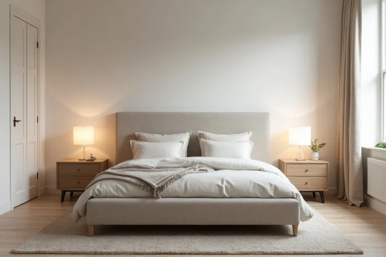 A minimalist bedroom with layered lighting, a simple bed frame, and low-visual storage