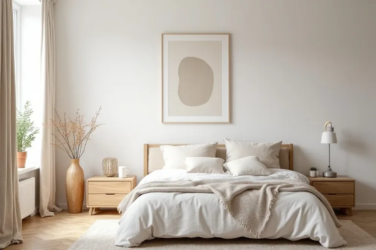 Minimalist bedroom layout with restrained decor and soft daylight