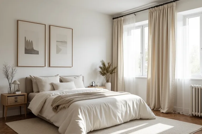 A restrained minimalist living space with simple furniture and soft natural light