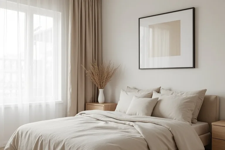 A calm minimalist bedroom with neutral linen curtains and framed abstract wall art in a simple, uncluttered setting.