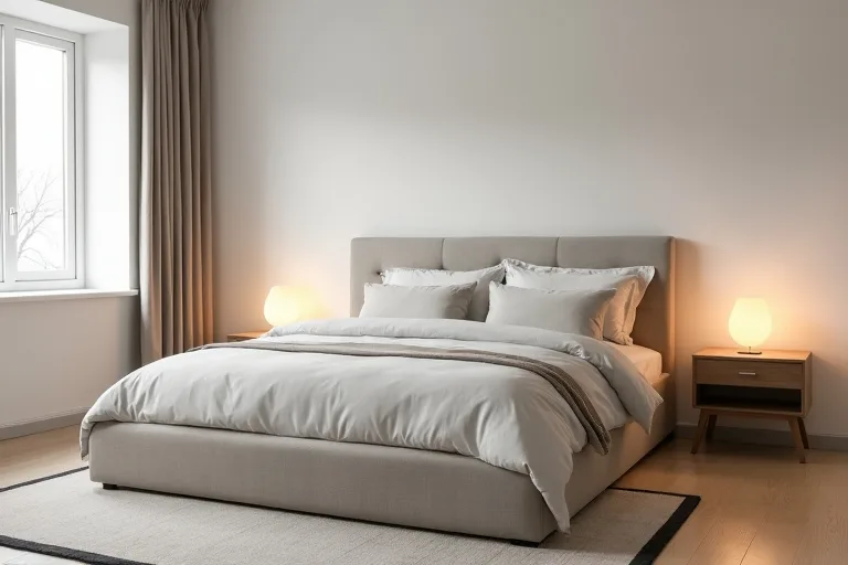 A practical bedroom layout with space around the bed and balanced bedside placement