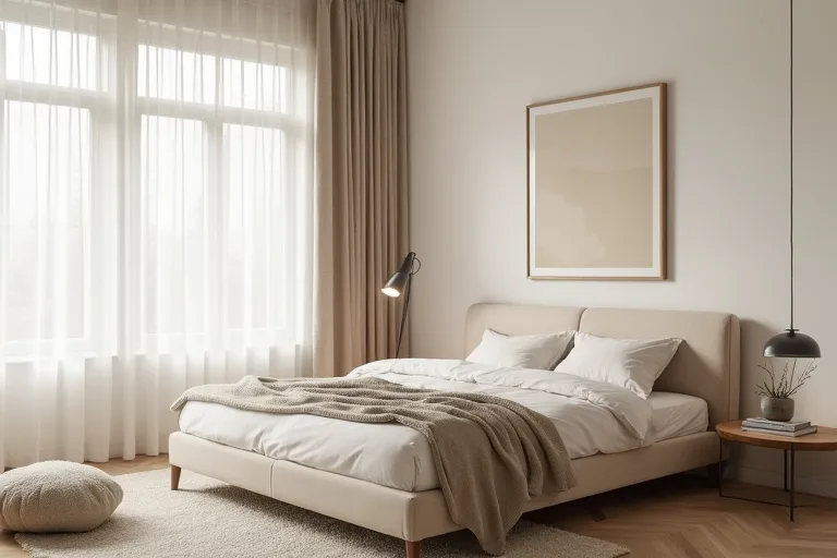 A simple minimalist bedroom layout with clear walking space, soft textiles, and practical storage
