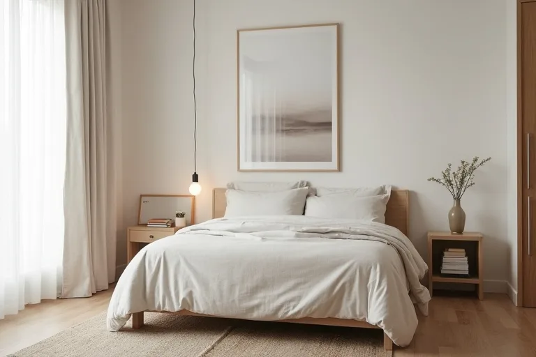 A minimalist bedroom layout with simple proportions and open space around the bed