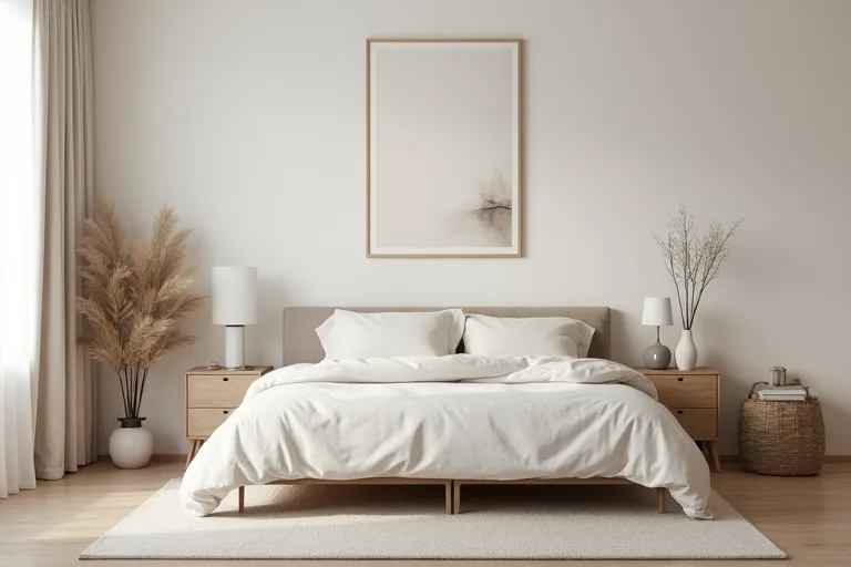Minimalist bedroom with soft texture, natural light, and a restrained warm palette