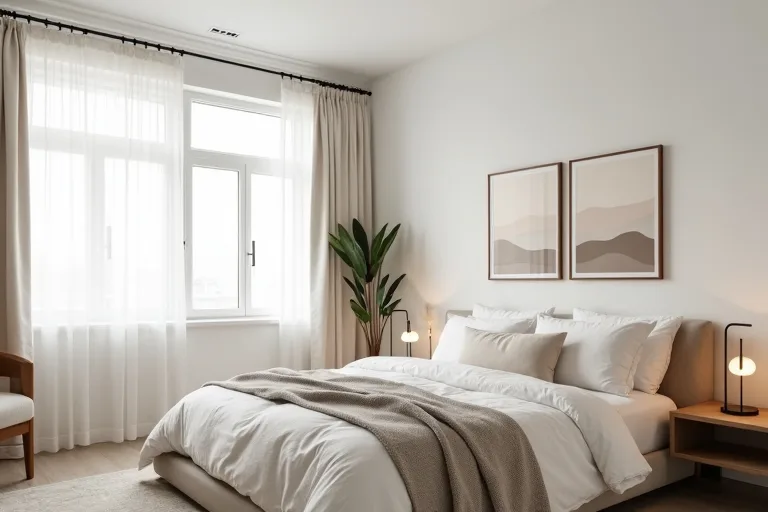 A calm minimalist room with neutral linen curtains and framed abstract wall art