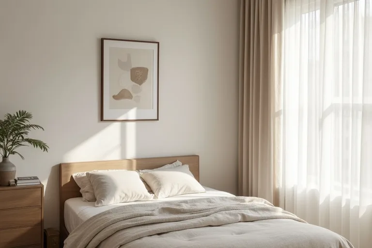 A neutral room layout that leaves open space around the main furniture pieces to support a minimalist look.