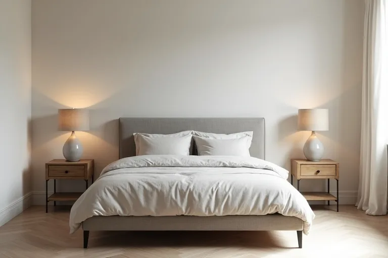 A calm minimalist bedroom with a queen upholstered bed, simple bedside lamps, and a clean, practical layout