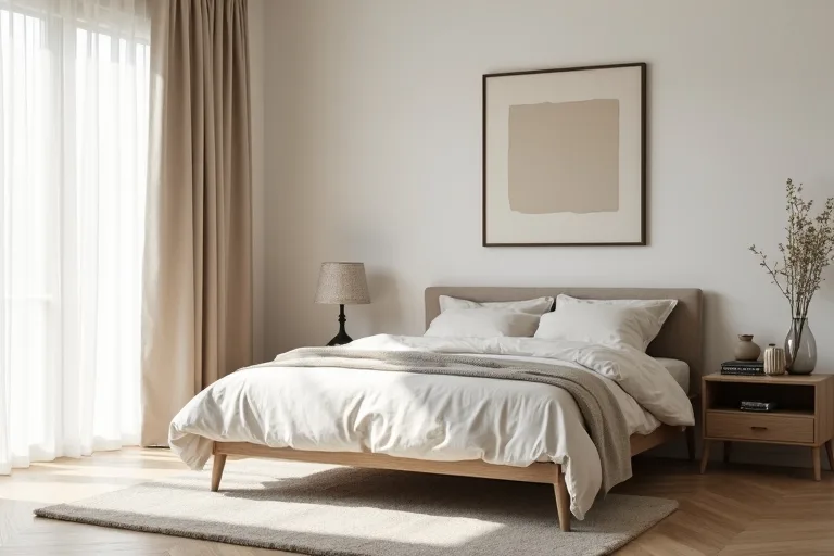 A calm minimalist bedroom with neutral bedding, linen curtains, and framed abstract wall art in a bright lived-in home