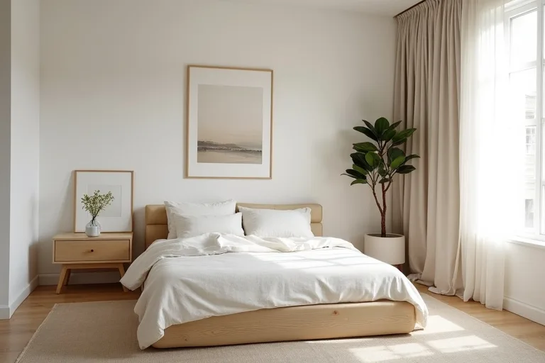 Calm minimalist bedroom with neutral bedding, linen curtains, and framed abstract wall art
