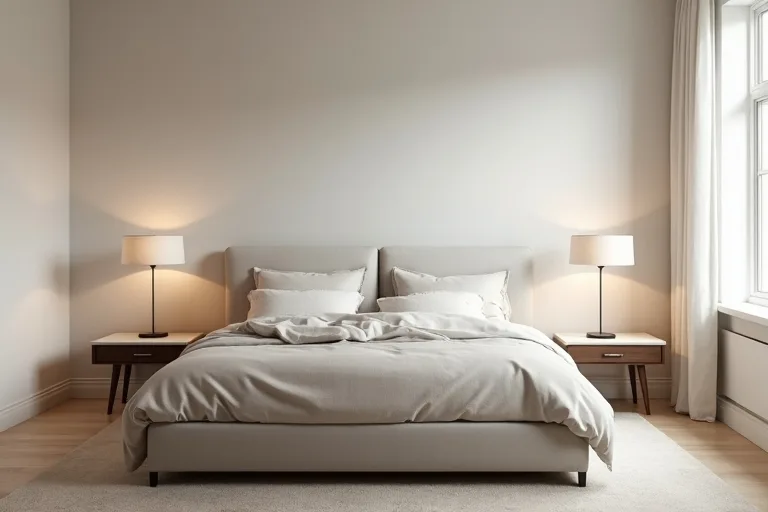 A minimalist bedroom with simple neutral bedding and a clear layout that leaves the room easy to move through