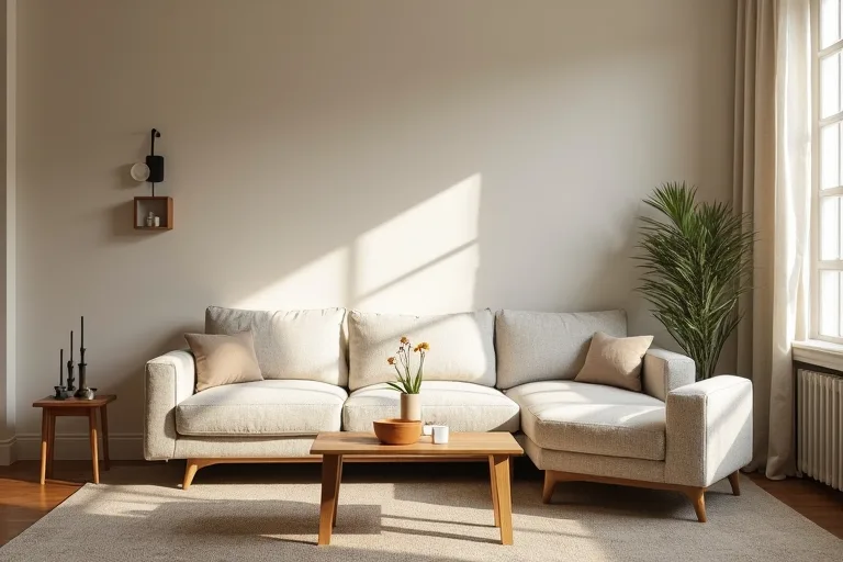 A calm organic modern living room with neutral textures, a boucle accent chair, and simple modern candle holders