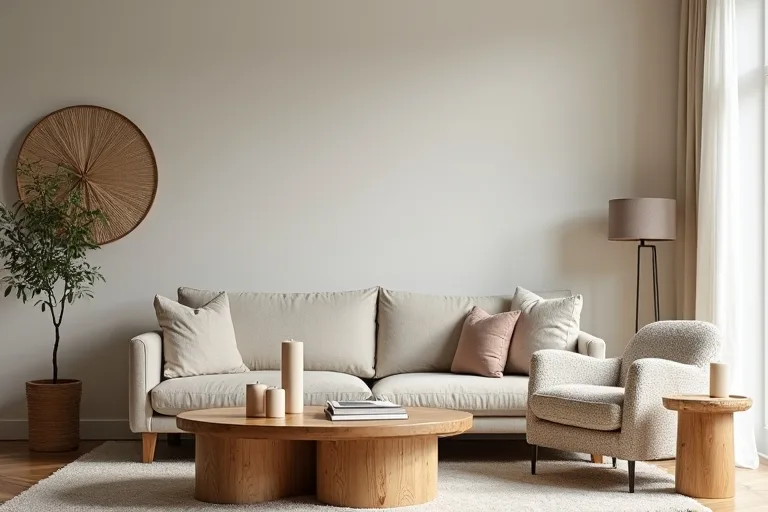 Organic modern living room with a boucle accent chair and modern candle holders in a calm neutral interior