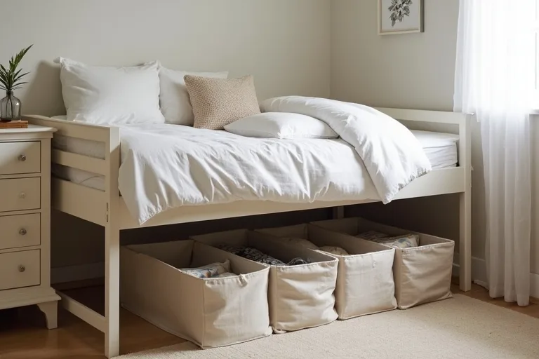 A calm small bedroom layout that leaves clear floor space while using under bed storage