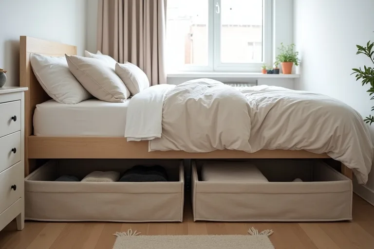 Low under bed storage bins arranged for seasonal items in a small bedroom