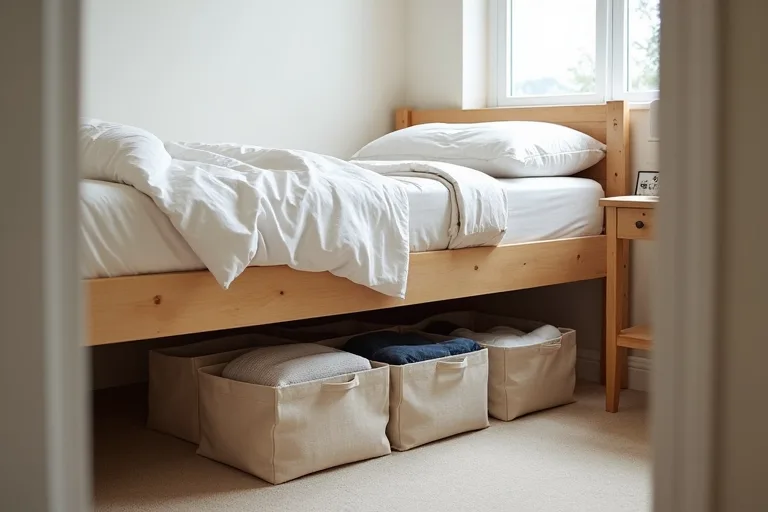 A practical bedroom storage setup showing a low organizer and tucked-away containers under the bed