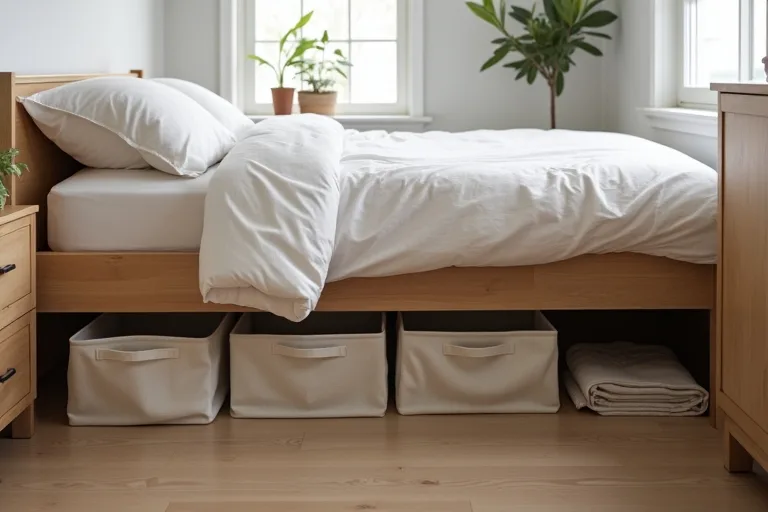 A small bedroom with practical under bed storage bins and a storage organizer tucked beneath the bed