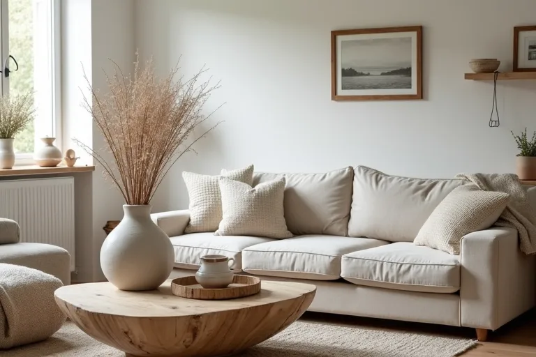 Farmhouse living room styling with a neutral throw blanket and simple ceramic decor