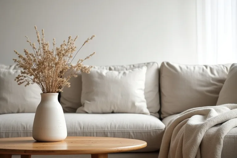 A farmhouse living room detail with warm neutral textures and simple natural finishes