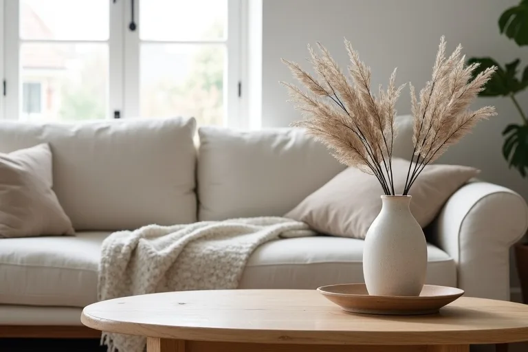 Neutral farmhouse styling with a simple wooden table and soft layered textures