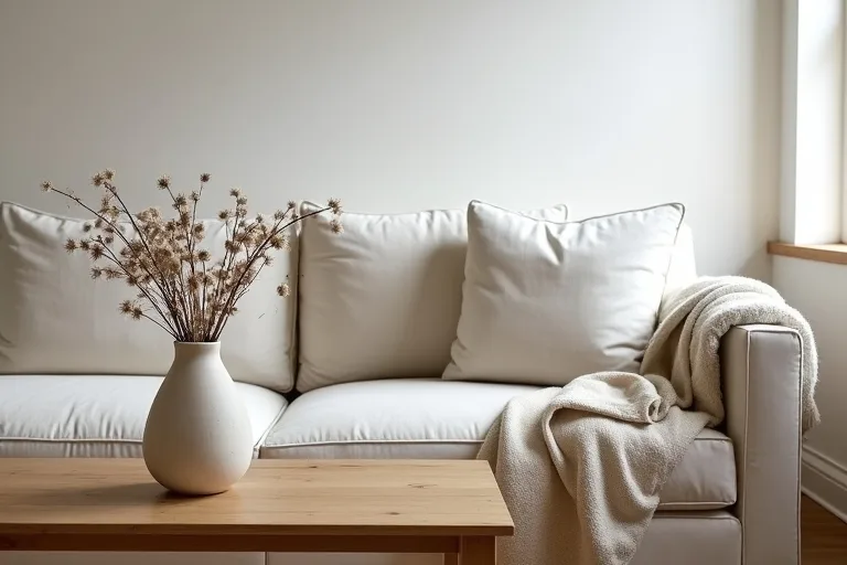 A calm farmhouse-style living room with a neutral sofa, natural wood table, ceramic vases, and a soft throw blanket